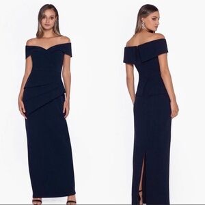Xscape - Elegant Navy Off-Shoulder Evening Dress, Size 8P